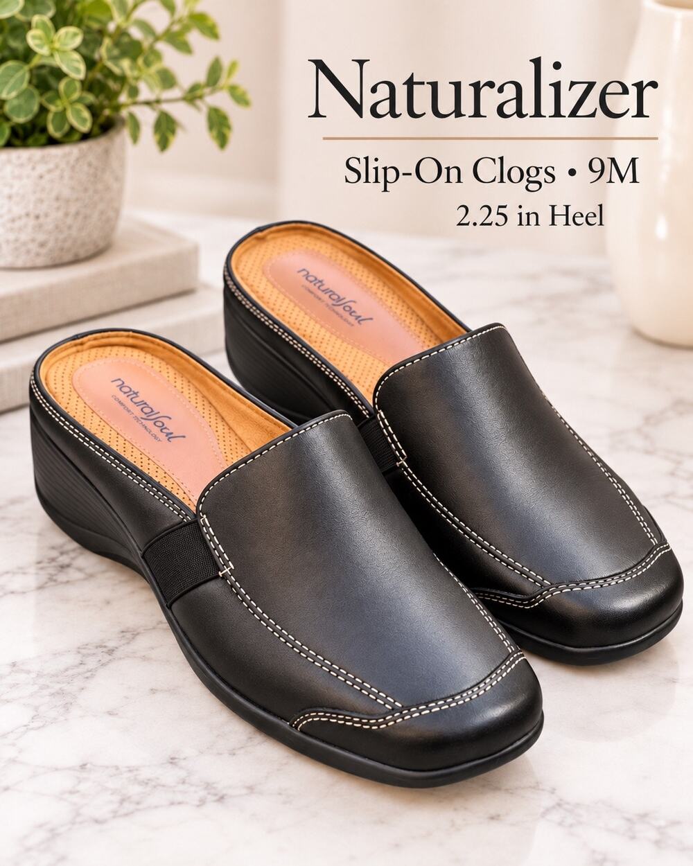 Naturalizer Black Slip On Clogs Mules Shoes Women’s Size 9M 2.25” Heel